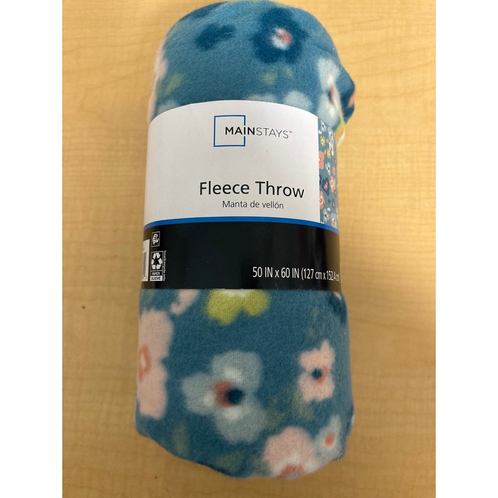 Mainstays Fleece Throw Blanket Blue Floral Print 50x60 Soft Cozy Bedding Travel